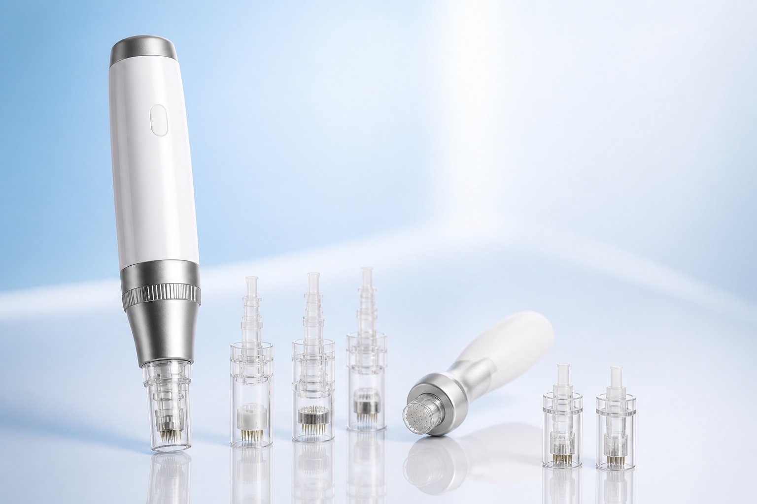 Dermadream microneedling product system — device, needle cartridges and applicator tools